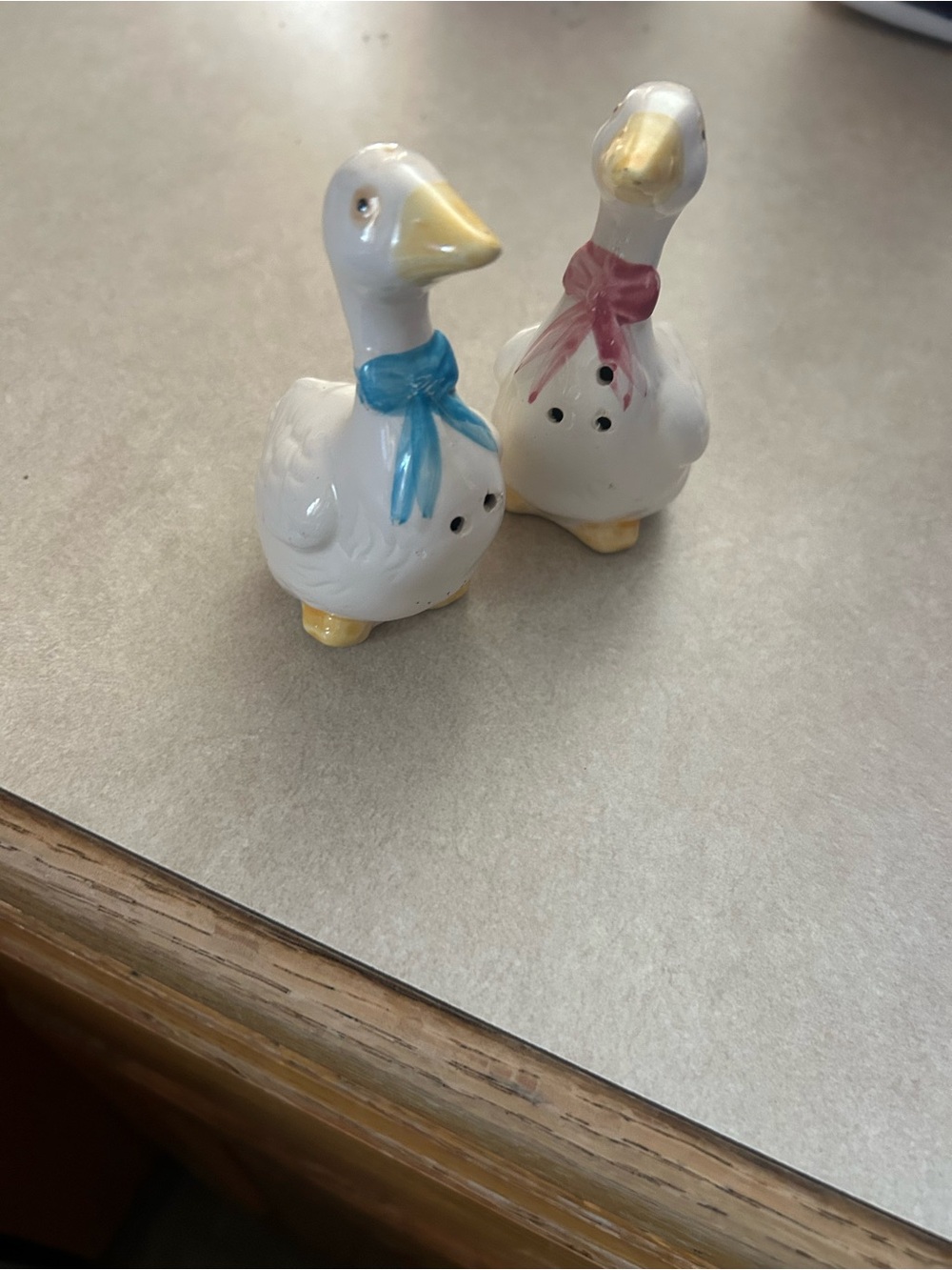 Vintage Ceramic Goose Salt and Pepper Shakers - Blue & Pink Bows